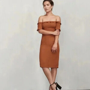 Reformation Orange Dress Brown Off the Shoulder Antonia Midi Dress Size 2 Petite